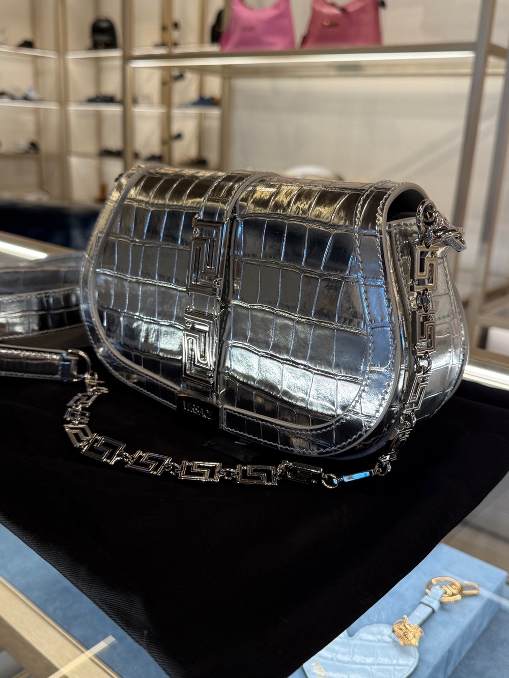 Versace Metallic Silver Croc-Embossed Crossbody Bag with Chain Strap - Picture 4 of 8